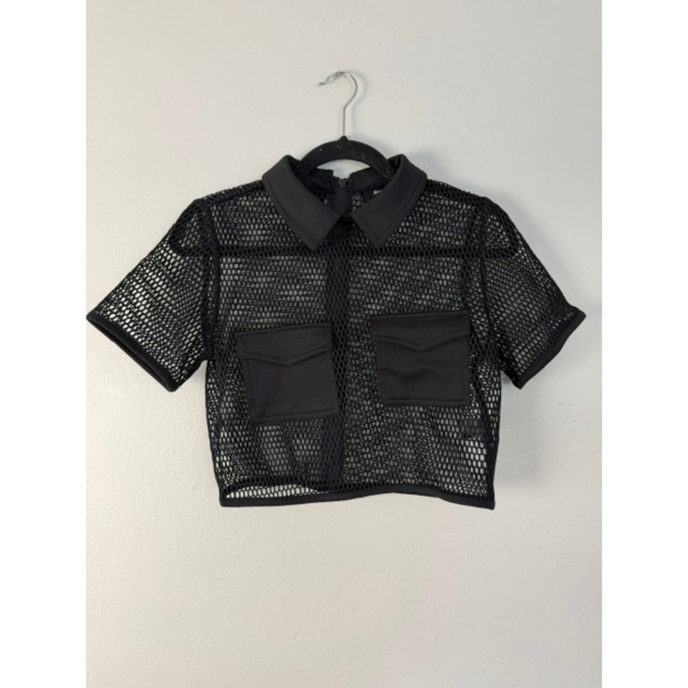 Nasty Gal Black Mesh Crop Top Short Sleeve Collared Zipper Back Utility Small